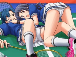 Rule 34 | 2girls, accidental pervert, ass, badminton, badminton racket, black hair, blouse, blue hair, blue shirt, grabbing another&#039;s breast, commentary request, commission, cross-laced footwear, crotch seam, double horizontal stripe, frown, grabbing, idolmaster, idolmaster million live!, kneeling, lielos, long hair, looking at another, lying, miniskirt, multiple girls, nanao yuriko, on back, one eye closed, open mouth, panties, partial commentary, pink footwear, pixiv commission, pleated skirt, racket, red eyes, shirt, shoes, short sleeves, shuttlecock, single horizontal stripe, skirt, sneakers, sportswear, spread legs, straddling, takayama sayoko, tennis court, tennis uniform, underwear, white panties, white skirt, wristband, yellow eyes