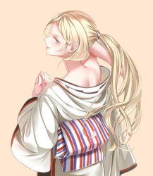 Rule 34 | 1girl, beige background, blonde hair, blue eyes, commentary request, from behind, hair between eyes, hyoutenka, japanese clothes, kantai collection, kimono, long hair, mole, mole under eye, mole under mouth, nape, ponytail, profile, richelieu (kancolle), simple background, solo, upper body, white kimono