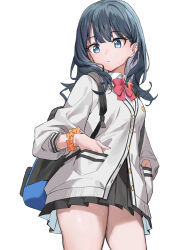 Rule 34 | 1girl, absurdres, bag, black hair, black skirt, blue eyes, bow, bowtie, cardigan, closed mouth, commentary request, gridman universe, haruyuki (gffewuoutgblubh), highres, medium hair, orange scrunchie, red bow, red bowtie, school bag, school uniform, scrunchie, simple background, skirt, solo, ssss.gridman, standing, takarada rikka, thighs, white background, white cardigan, wrist scrunchie