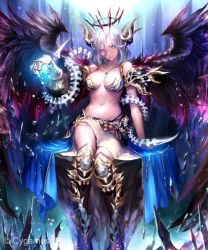 Rule 34 | 1girl, armor, armored boots, bikini armor, black feathers, blue eyes, boots, breasts, cleavage, closed mouth, feathers, full body, gauntlets, hair between eyes, irua, large breasts, long hair, looking at viewer, miniskirt, navel, shingeki no bahamut, silver hair, sitting, skirt, smile, solo, waist cape, white skirt