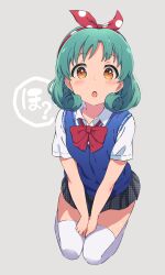 Rule 34 | 1girl, absurdres, between legs, black skirt, blue sweater vest, blush, bow, bowtie, breasts, brown eyes, curly hair, dot nose, female focus, from above, full body, green hair, grey background, gyorui (katsuwo drawing), hairband, hand between legs, highres, idolmaster, idolmaster million live!, idolmaster million live! theater days, looking at viewer, medium breasts, medium hair, miniskirt, open mouth, parted bangs, plaid, plaid skirt, pleated skirt, polka dot hairband, red bow, red bowtie, red hairband, school uniform, seiza, shirt, short sleeves, simple background, sitting, skirt, solo, speech bubble, sweater vest, thighhighs, thighs, tokugawa matsuri, white shirt, white thighhighs