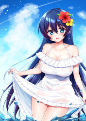 Rule 34 | 1girl, aoshima kanae, blue eyes, blue hair, blue nails, blue sky, breasts, cleavage, cloud, cloudy sky, collarbone, day, dress, flower, frilled dress, frills, hair between eyes, hair flower, hair ornament, highres, large breasts, long hair, nail polish, off-shoulder dress, off shoulder, original, outdoors, red flower, skirt hold, sky, solo, very long hair, water, wet, wet clothes, wet dress, white dress, yellow flower