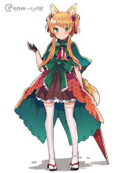 Rule 34 | 1girl, animal ears, arm behind back, asymmetrical bangs, bad id, bad pixiv id, black gloves, blonde hair, bow, capelet, dress, fox ears, fox tail, frilled dress, frills, full body, gloves, green eyes, hair ornament, highres, holding, holding umbrella, ikeuchi tanuma, light smile, looking at viewer, original, sandals, short hair with long locks, sidelocks, simple background, solo, standing, tail, thighhighs, twitter username, umbrella, white background, white thighhighs, zouri