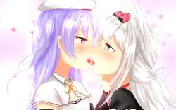 Rule 34 | 2girls, ajax (azur lane), animal ears, azur lane, beret, black dress, blurry, blurry background, blush, bow, bowtie, cat ears, choker, commentary, couple, depth of field, detached sleeves, dress, eye contact, female focus, french kiss, from side, grey eyes, hair bow, hammann (azur lane), hand up, hat, highres, kiss, light purple hair, long hair, long sleeves, looking at another, multiple girls, neck, one side up, open mouth, profile, purple eyes, red bow, red choker, saliva, shirt, sidelocks, silver hair, striped, tongue, tongue out, upper body, vertical stripes, very long hair, white hat, white shirt, yellow neckwear, yuri, yuujoduelist