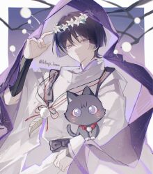 Rule 34 | 1boy, 329kome, adjusting clothes, adjusting headwear, animal, black cat, black hair, black sash, cat, closed mouth, flower, genshin impact, hand up, head wreath, high collar, highres, holding, holding animal, holding cat, jewelry, long sleeves, male focus, necklace, purple eyes, purple hair, purple shirt, purple veil, sash, scaramouche (cat) (genshin impact), scaramouche (genshin impact), scaramouche (kabukimono) (genshin impact), shirt, short hair, simple background, solo, tabard, twitter username, white flower, white tabard, wide sleeves