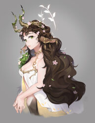 Rule 34 | 1girl, animal ears, antlers, artist logo, bare arms, bare shoulders, breasts, brown hair, cleavage, commentary, cropped torso, deer ears, deer girl, dress, ear ornament, english commentary, flower, forehead tattoo, from side, green eyes, grey background, halo behind head, halter dress, halterneck, highres, horns, leaf, lips, long hair, looking at viewer, looking to the side, medium breasts, mole, mole under eye, original, own hands together, parted bangs, parted lips, pink flower, plant, simple background, solo, teeth, tg (tg c apple), very long hair, vines, white dress