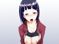 Rule 34 | 1girl, blue eyes, blue hair, blush, breasts, breasts out, collarbone, ebido, embarrassed, gradient background, half-closed eyes, jacket, kirigaya suguha, large breasts, looking at viewer, nipples, no bra, open clothes, open jacket, open mouth, red jacket, short hair, simple background, solo, sword art online, upper body