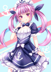 Rule 34 | 1girl, :q, anchor, anchor symbol, blue background, blue bow, blue dress, blue hair, blue nails, blue ribbon, blush, bow, braid, breasts, closed mouth, colored inner hair, dress, finger to mouth, frilled dress, frills, hair ribbon, highres, hololive, long hair, medium breasts, minato aqua, minato aqua (1st costume), multicolored hair, nail polish, purple eyes, purple hair, ribbon, short sleeves, smile, solo, standing, tongue, tongue out, twintails, two-tone hair, very long hair, virtual youtuber, white bow, wrist cuffs, yuano