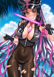 Rule 34 | 1girl, absurdres, bare shoulders, bikini, black bikini, black gloves, black hair, black hat, blush, bodystocking, breasts, cleavage, covered navel, facial mark, fate/grand order, fate (series), fingerless gloves, forehead mark, gloves, halterneck, hat, highres, large breasts, long hair, looking at viewer, multicolored hair, nail polish, necktie, parted bangs, pink hair, pink neckwear, police hat, sessyoin kiara, sessyoin kiara (swimsuit mooncancer), sessyoin kiara (swimsuit mooncancer) (second ascension), shocho, smile, streaked hair, swimsuit, thighs, traffic baton, very long hair, yellow eyes