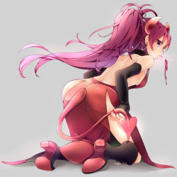 Rule 34 | 10s, 1girl, aisawa (ais0511), aisawa natsu, bare back, bare shoulders, black footwear, boots, demon tail, earrings, from behind, full body, gradient hair, grey background, horns, jewelry, knee boots, kneeling, long hair, mahou shoujo madoka magica, mahou shoujo madoka magica (anime), mouth hold, multicolored hair, pink hair, ponytail, red eyes, red hair, sakura kyoko, simple background, solo, tail