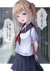 Rule 34 | 1girl, angry, arms behind back, bag, blonde hair, blue sailor collar, blue skirt, blurry, blurry background, blush, clip studio paint (medium), commentary request, depth of field, hair ribbon, highres, holding, holding bag, long hair, looking at viewer, monaka curl, open mouth, original, outdoors, pleated skirt, red ribbon, ribbon, sailor collar, school bag, school uniform, serafuku, shirt, short sleeves, skirt, solo, speech bubble, translation request, twintails