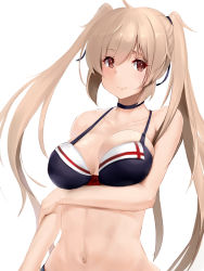 Rule 34 | 10s, 1girl, bare arms, bare shoulders, bikini, black bikini, breast hold, breasts, cleavage, collarbone, halterneck, halterneck, highres, kantai collection, large breasts, light brown hair, lips, looking at viewer, murasame (kancolle), navel, red eyes, sidelocks, smile, solo, stomach, swimsuit, takeichi yui, twintails, upper body