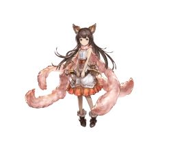 Rule 34 | 10s, 1girl, animal ears, aster (granblue fantasy), bare arms, bow, bow (weapon), brown eyes, brown footwear, buttons, closed mouth, crossbow, dress, erune, feather boa, flat chest, frown, full body, fur trim, granblue fantasy, hair ornament, holding, holding weapon, long hair, looking at viewer, minaba hideo, official art, pouch, red bow, shoes, solo, standing, transparent background, v arms, weapon, white dress