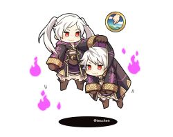 Rule 34 | 1boy, 1girl, cape, chibi, dark persona, dual persona, evil smile, fire emblem, fire emblem awakening, fire emblem heroes, gloves, grima (fire emblem), hood, long hair, nintendo, red eyes, robe, robin (female) (fire emblem), robin (fire emblem), robin (male) (fire emblem), short hair, smile, tecchen, twintails, v-shaped eyebrows, white background, white hair, wizard