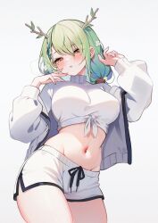 Rule 34 | 1girl, absurdres, breasts, brown eyes, ceres fauna, commentary, cowboy shot, crop top, green hair, grey background, head tilt, highres, hololive, hololive english, jacket, koahri, large breasts, leaf, long sleeves, midriff, navel, off shoulder, open clothes, open jacket, revision, shirt, short hair, short shorts, shorts, solo, standing, stomach, thighs, turtleneck, turtleneck shirt, virtual youtuber, white jacket, white shirt, white shorts