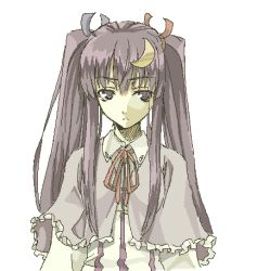 Rule 34 | 1girl, alternate hairstyle, bad id, bad pixiv id, capelet, crescent, crescent hair ornament, crescent moon, expressionless, female focus, hair ornament, long hair, lowres, maou, moon, no headwear, no headwear, oekaki, patchouli knowledge, purple hair, sengoku aky, solo, touhou, twintails, upper body