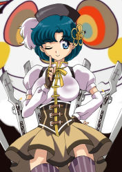 Rule 34 | 1girl, beret, bishoujo senshi sailor moon, blue eyes, blue hair, charlotte (madoka magica), commentary request, corset, cosplay, crossover, detached sleeves, dress, fingerless gloves, gloves, gun, hat, magical girl, magical musket, mahou shoujo madoka magica, mahou shoujo madoka magica (anime), mami mogu mogu, mizuno ami, one eye closed, pointing, puffy sleeves, pun, ranpu, short hair, skirt, smile, striped clothes, striped thighhighs, thighhighs, tomoe mami, tomoe mami (cosplay), vertical-striped clothes, vertical-striped thighhighs, weapon, wink, yellow dress, yellow skirt