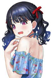Rule 34 | 1girl, absurdres, andoplus, bare shoulders, black hair, blue shirt, commentary request, fangs, film grain, floral print, fukumaru koito, hair ribbon, halterneck, highres, idolmaster, idolmaster shiny colors, looking at viewer, looking to the side, medium hair, off-shoulder shirt, off shoulder, open mouth, print shirt, purple eyes, red ribbon, ribbon, shirt, short sleeves, skin fangs, solo, sweat, sweatdrop, twintails, upper body, white background