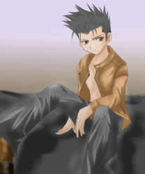 Rule 34 | 1boy, black hair, brown eyes, expressionless, long sleeves, looking at viewer, looking to the side, male focus, pants, pretty face, randou masashi, sitting, solo, spiked hair