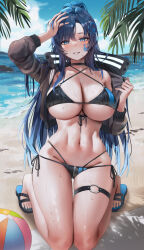 Rule 34 | 1girl, abs, absurdres, arm up, ball, bare shoulders, beach, beachball, bikini, black bikini, black choker, black jacket, blue eyes, blue hair, breasts, choker, cleavage, commission, criss-cross halter, cropped jacket, crotch zipper, day, facial mark, feet, front-tie bikini top, front-tie top, gompang 11, grin, halterneck, hand on own head, highres, jacket, kneeling, large breasts, long hair, long sleeves, looking at viewer, multi-strapped bikini, navel, o-ring, o-ring bikini, off shoulder, open clothes, open jacket, original, outdoors, ponytail, sandals, side-tie bikini bottom, skindentation, slippers, smile, solo, stomach, string bikini, swimsuit, thigh strap, thighs, toenails, toes, very long hair, water, wet, zipper