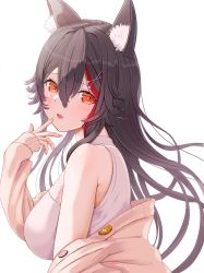 Rule 34 | 1girl, animal ear fluff, animal ears, black hair, hair between eyes, hand up, highres, hololive, long hair, long sleeves, looking at viewer, multicolored hair, ookami mio, ookami mio (street), open mouth, red hair, shirt, simple background, sleeves past wrists, solo, streaked hair, sweater, takahira (takahirac562), upper body, virtual youtuber, white background, white shirt, wolf ears, wolf girl