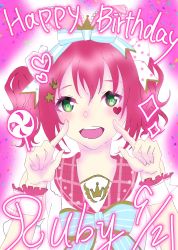 Rule 34 | 1girl, aqua eyes, artist name, artist request, bare shoulders, blush, bow, bowtie, buttons, crown hair ornament, dress, facial tattoo, female focus, frilled dress, frills, gloves, green eyes, hair between eyes, hair ornament, heart, heart tattoo, highres, kurosawa ruby, looking at viewer, love live!, love live! school idol festival, love live! sunshine!!, parted lips, pink bow, pink ribbon, red hair, ribbon, shirt, short hair, smile, solo, soyan (ao0 milk), spade hair ornament, star (symbol), star hair ornament, star print, tattoo, twintails, two side up, white gloves, white shirt