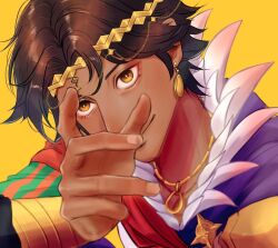 Rule 34 | 1boy, brown hair, dark-skinned male, dark skin, earrings, fire emblem, fire emblem engage, fogado (fire emblem), gold circlet, jewelry, light smile, looking at viewer, male focus, moretemath, nintendo, prince, solo, upper body