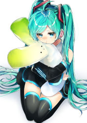 Rule 34 | &gt;:t, 1girl, :t, absurdres, ahoge, aqua hair, black footwear, black skirt, black thighhighs, blue eyes, boots, covered mouth, detached sleeves, from above, glowing, hair ornament, hair over shoulder, hatsune miku, headphones, highres, hug, long hair, looking at viewer, miniskirt, pleated skirt, pout, seiza, shadow, simple background, sitting, skirt, sogawa66, solo, spring onion, stuffed toy, swept bangs, tears, thigh boots, thigh gap, thighhighs, twintails, v-shaped eyebrows, very long hair, vocaloid, white background