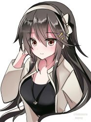 Rule 34 | alternate costume, anchor symbol, black hair, black skirt, brown eyes, fathom, hair between eyes, hair ornament, hairband, hairclip, hand in own hair, haruna (kancolle), highres, jacket, jewelry, kantai collection, long hair, necklace, simple background, skirt, smile, solo, twitter username, upper body, white background, white hairband, white jacket