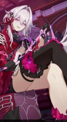 Rule 34 | 1girl, anklet, belly, black choker, black gloves, black pantyhose, black shorts, bright pupils, choker, copyright name, cross, crossed legs, game cg, gloves, hair ornament, highres, holding, holding weapon, holding whip, honkai (series), honkai impact 3rd, indoors, jacket, jewelry, long hair, looking at viewer, official art, official wallpaper, open mouth, pantyhose, purple eyes, purple ribbon, red jacket, red ribbon, ribbon, ribbon hair ornament, shorts, single bare leg, single leg pantyhose, sitting, smile, thelema (honkai impact), third-party source, very long hair, weapon, whip, white hair, white pupils