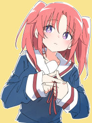 Rule 34 | 1girl, blush, closed mouth, ixy, long sleeves, looking at viewer, looking to the side, mikakunin de shinkoukei, purple eyes, red hair, school uniform, short hair, simple background, solo, twintails, upper body, yellow background, yonomori kobeni