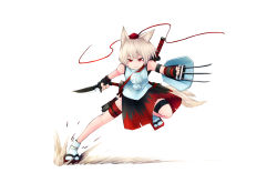 Rule 34 | &gt;:(, 1girl, animal ears, bare shoulders, black gloves, black skirt, blonde hair, claw (weapon), closed mouth, combat knife, commentary request, fighting stance, fingerless gloves, floating hair, full body, geta, gloves, hands up, hat, highres, holding, holding weapon, inubashiri momiji, jakomurashi, japanese clothes, katana, knife, m. bison, medium skirt, multicolored clothes, multicolored skirt, outstretched leg, pom pom (clothes), red eyes, red skirt, serious, sheath, sheathed, shield, shirt, short hair, side slit, simple background, skirt, sleeveless, sleeveless shirt, solo, sword, tail, tokin hat, touhou, v-shaped eyebrows, weapon, weapon on back, white background, white shirt, wolf ears, wolf tail