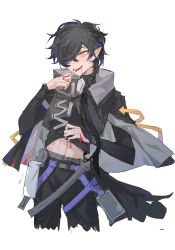 Rule 34 | 1boy, arknights, arrow (symbol), bishounen, black hair, black shirt, blood, blood on hands, corroserum (arknights), cowboy shot, ear piercing, finger to mouth, hair over one eye, highres, jacket, male focus, midriff, one eye covered, piercing, pointy ears, qin yang, shirt, short hair, simple background, snake boy, solo, white background, yellow eyes