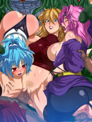 Rule 34 | 3girls, alfimi, anus, ass, axel almer, banpresto, blonde hair, blue eyes, blue hair, blush, breasts, censored, covered erect nipples, doggystyle, excellen browning, closed eyes, group sex, highres, impossible clothes, large breasts, lemon browning, lipstick, long hair, makeup, mosaic censoring, multiple boys, multiple girls, multiple persona, navel, open clothes, open mouth, penis, pink hair, pubic hair, pussy, raburebo, red eyes, sex, sex from behind, short hair, smile, super robot wars, super robot wars original generation, sweat, vaginal