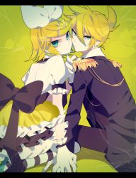 Rule 34 | 1boy, 1girl, bad id, bad pixiv id, blonde hair, brother and sister, dress, formal, from behind, gloves, green eyes, hair ornament, hair ribbon, hairclip, hetero, holding hands, kagamine len, kagamine rin, looking at viewer, looking back, military, military uniform, oniyama831, pantyhose, puffy sleeves, ribbon, short hair, siblings, sitting, striped clothes, striped legwear, striped pantyhose, twins, uniform, vocaloid, white gloves