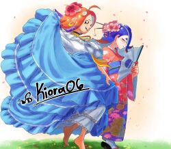 Rule 34 | 2girls, alternate costume, artist name, bead necklace, beads, blue dress, blue hair, closed mouth, colored tips, commentary, dress, eyelashes, flower, folding fan, frilled dress, frills, gold necklace, hair flower, hair ornament, hair stick, hand fan, highres, holding, holding fan, japanese clothes, jewelry, kimono, kiora06, layered dress, long hair, multicolored hair, multiple girls, necklace, nintendo, octoling, octoling girl, octoling player character, on grass, open mouth, orange hair, pink flower, red eyes, sandals, short eyebrows, smile, splatoon (series), splatoon 3, standing, tabi, tentacle hair, thick eyebrows, twitter username