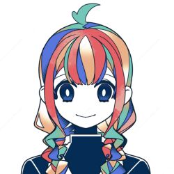 Rule 34 | 1girl, ahoge, braid, bright pupils, closed mouth, colored skin, long hair, looking at viewer, machigami yoh, multicolored hair, no nose, original, portrait, simple background, smile, solo, straight-on, turtleneck, twin braids, watermark, white background, white pupils, white skin