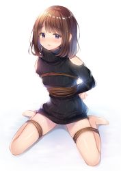 Rule 34 | 1girl, arms behind back, bad id, bad pixiv id, bare legs, bare shoulders, barefoot, bdsm, black dress, bondage, bound, bound arms, bound legs, brown hair, closed mouth, dress, earrings, frown, full body, jewelry, lips, long sleeves, looking at viewer, noda shuha, original, purple eyes, rope, short hair, simple background, sitting, solo, sweater, sweater dress, wariza, white background