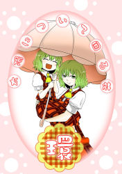 Rule 34 | 2girls, alternate eye color, commentary request, cover, cover page, closed eyes, green eyes, green hair, holding, holding umbrella, kazami youka (yokochu), kazami yuuka, looking at viewer, mother and daughter, multiple girls, open mouth, short hair, touhou, translation request, umbrella, yokochou