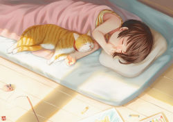 Rule 34 | 1girl, blush, brown hair, cat, child, closed eyes, covering own mouth, crayon, june mina, original, paper, pillow, shadow, short hair, sleeping, solo, under covers