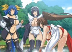 Rule 34 | 3girls, animated, animated gif, anime screenshot, arc system works, ass, black hair, blue hair, blush, bouncing breasts, breasts, brown hair, center opening, cleavage, closed eyes, crossover, dizzy (guilty gear), fatal fury, guilty gear, highleg, highleg leotard, huge breasts, iroha (samurai spirits), knees together feet apart, large breasts, leaning forward, leotard, long hair, lowres, multiple girls, one eye closed, outdoors, ponytail, queen&#039;s blade, queen&#039;s gate, queen&#039;s gate spiral chaos, revealing clothes, samurai spirits, screencap, shiranui mai, sideboob, smile, snk, splashing, standing, tail, the king of fighters, thighhighs, very long hair, wading, water, wings