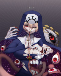 Rule 34 | 1girl, absurdres, blonde hair, blood, breasts, cleavage, double (skullgirls), extra eyes, extra mouth, fingernails, highres, jewelry, large breasts, long fingernails, monster, monster girl, necklace, nun, one eye closed, pasties, praying, ring, skullgirls, smile, solo, uchujin 416, upper body, veins