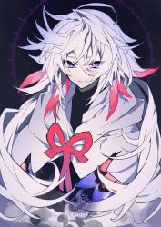 Rule 34 | 1boy, black background, cape, closed mouth, eyes visible through hair, fate/grand order, fate (series), grey hair, hair between eyes, halo, highres, long hair, looking at viewer, male focus, merlin (fate), mochizuki kei, purple eyes, red ribbon, ribbon, smile, solo, upper body, very long hair