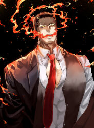 Rule 34 | 1boy, bara, breath weapon, breathing fire, facial hair, fire, formal, highres, itaru (kidomh63), large pectorals, looking at viewer, male focus, mature male, muscular, muscular male, necktie, partially unbuttoned, pectoral cleavage, pectorals, pyrokinesis, red necktie, short hair, solo, stubble, suit, tokyo houkago summoners, upper body, zabaniyya (fashionista suit) (housamo), zabaniyya (housamo)