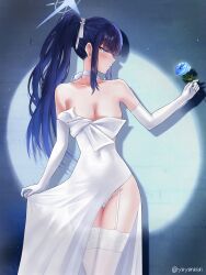 Rule 34 | 1girl, absurdres, bare shoulders, black hair, blue archive, blue eyes, blue hair, blush, breasts, dress, elbow gloves, garter straps, gloves, gradient hair, hair ribbon, halo, highres, large breasts, long hair, looking to the side, multicolored hair, panties, ponytail, ribbon, saori (blue archive), saori (dress) (blue archive), solo, spotlight, thighhighs, thighs, underwear, white dress, white gloves, white panties, white thighhighs, yayanri