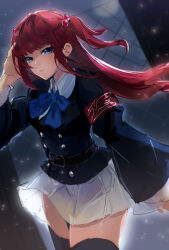 1girl blue_bow blue_bowtie blue_eyes bow bowtie closed_mouth fence hair_between_eyes highres light_smile long_hair looking_at_viewer luna2410 night outdoors red_hair school_uniform sidelocks skirt solo standing umineko_no_naku_koro_ni ushiromiya_ange white_skirt