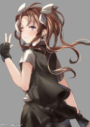 Rule 34 | 1girl, bad id, bad pixiv id, black gloves, black skirt, black vest, blush, bow, brown hair, fingerless gloves, floating hair, from side, gloves, grey background, hair between eyes, hair ribbon, hand up, juurouta, kagerou (kancolle), kagerou kai ni (kancolle), kantai collection, long hair, looking at viewer, looking back, miniskirt, one eye closed, parted lips, purple eyes, ribbon, shirt, short sleeves, sidelocks, simple background, skirt, smile, solo, twintails, vest, w, white ribbon, white shirt, wind, wind lift