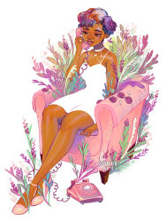 Rule 34 | 1girl, artist name, bare arms, bare legs, bare shoulders, breasts, brown eyes, chair, cleavage, commentary, dark-skinned female, dark skin, dress, earrings, english commentary, flower, full body, geneva bowers, half-closed eyes, high heels, holding, holding phone, hoop earrings, jewelry, multicolored hair, nail polish, original, parted lips, phone, pink flower, pink footwear, pink rose, plant, purple flower, purple hair, red hair, ring, rose, short hair, simple background, sitting, smile, solo, watermark, white dress, white nails