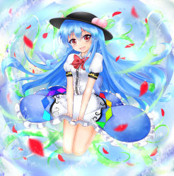 Rule 34 | 1girl, blue hair, bow, dress, food, fruit, gradient background, hat, highres, hinanawi tenshi, layered dress, leaf, leaping, legs up, long hair, looking at viewer, open mouth, peach, petals, puffy short sleeves, puffy sleeves, red eyes, short sleeves, skirt hold, solo, touhou, ymd (holudoun)