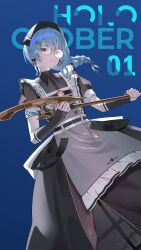 Rule 34 | 1girl, absurdres, apron, black bow, black dress, black hat, black ribbon, blue bow, blue eyes, blue hair, bow, braid, dress, earrings, elbow gloves, english text, fingerless gloves, frilled apron, frills, glaive (polearm), glasses, gloves, hair between eyes, hair ornament, hair ribbon, hairclip, hat, highres, holding, holding weapon, hololive, hoshimachi suisei, hoshimachi suisei (maid), jewelry, kouhiipan, long dress, looking at viewer, maid, maid apron, medium hair, nurse cap, official alternate costume, official alternate hairstyle, plaid, plaid bow, polearm, ribbon, see-through, see-through sleeves, short sleeves, side slit, simple background, single braid, skirt, solo, standing, star (symbol), star in eye, symbol in eye, virtual youtuber, waist apron, weapon, white background